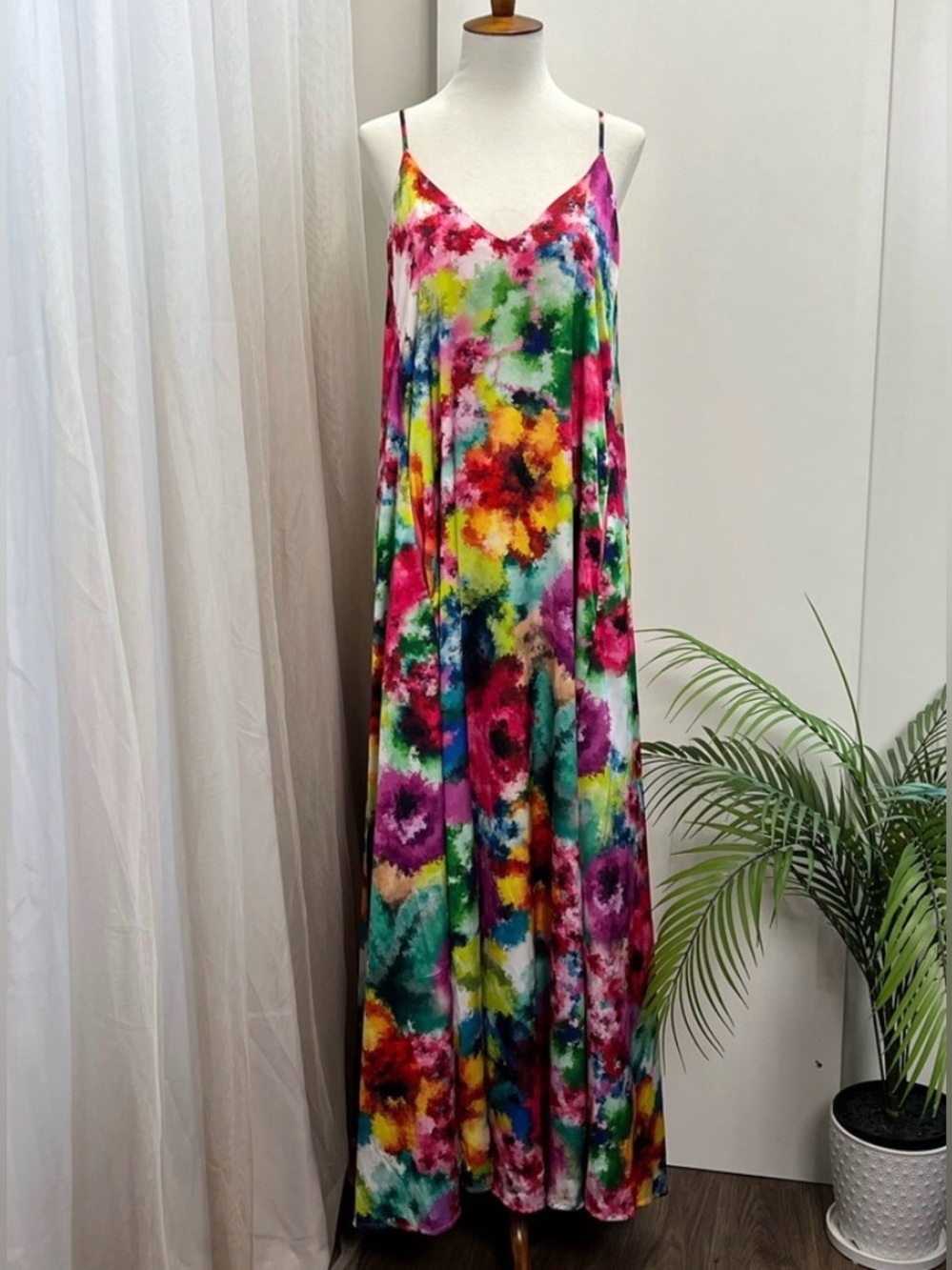 Anthropologie silky bright watercolor maxi dress